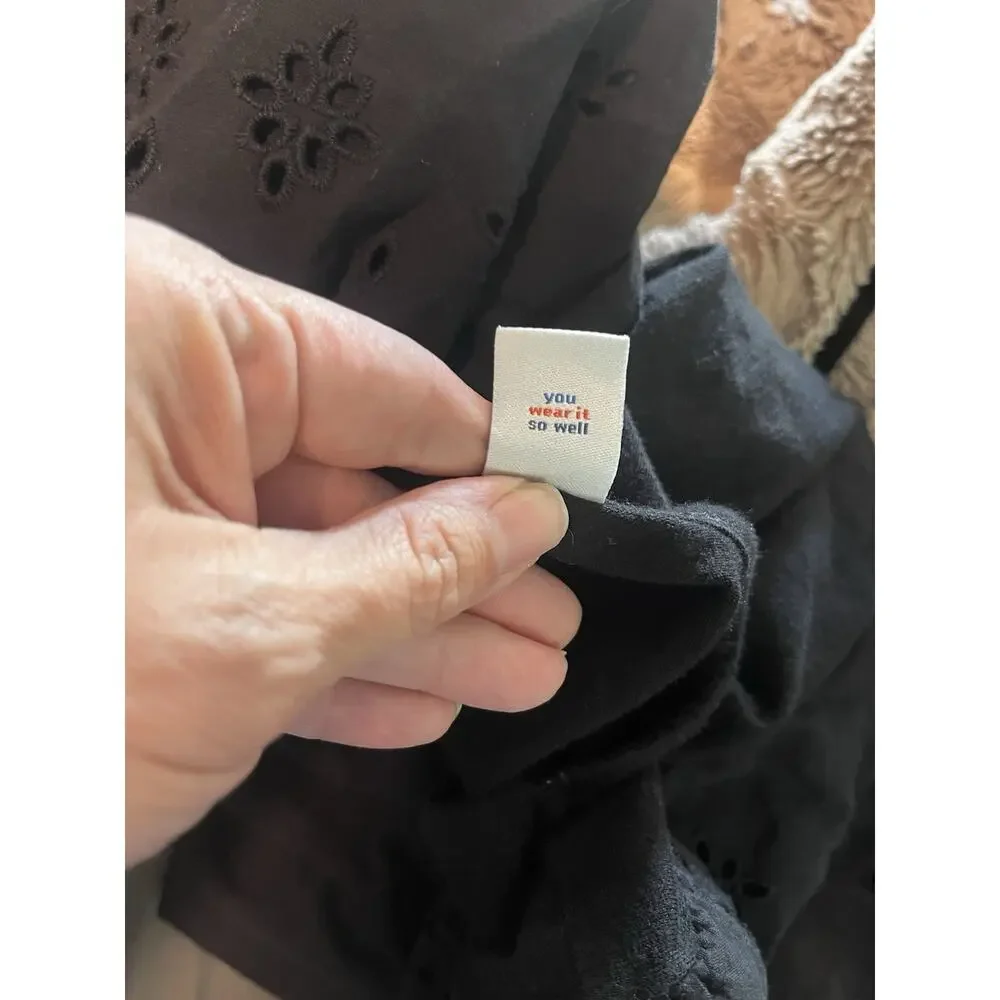 Old Navy Women’s L Black Scoop Neck Puff Sleeve Eyelet Knit Cotton Tee